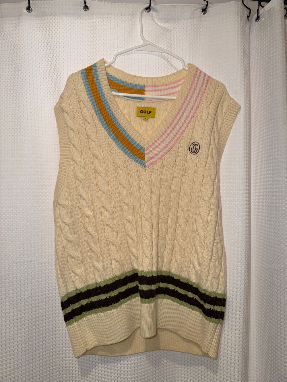 Golf Wang Cream Cable Knit V-Neck Sweater Vest with Pastel Stripe Trim